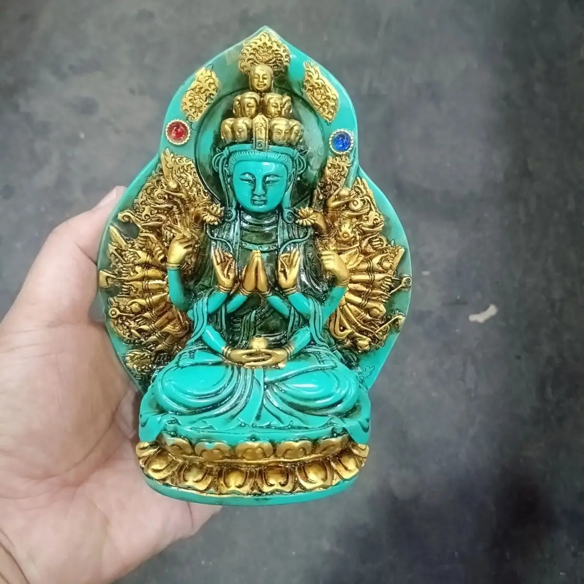 Old Jade Antique Treasure Gemstone Turquoise Gold Painted Thousand Hands Guanyin Seated Statue with Gemstones