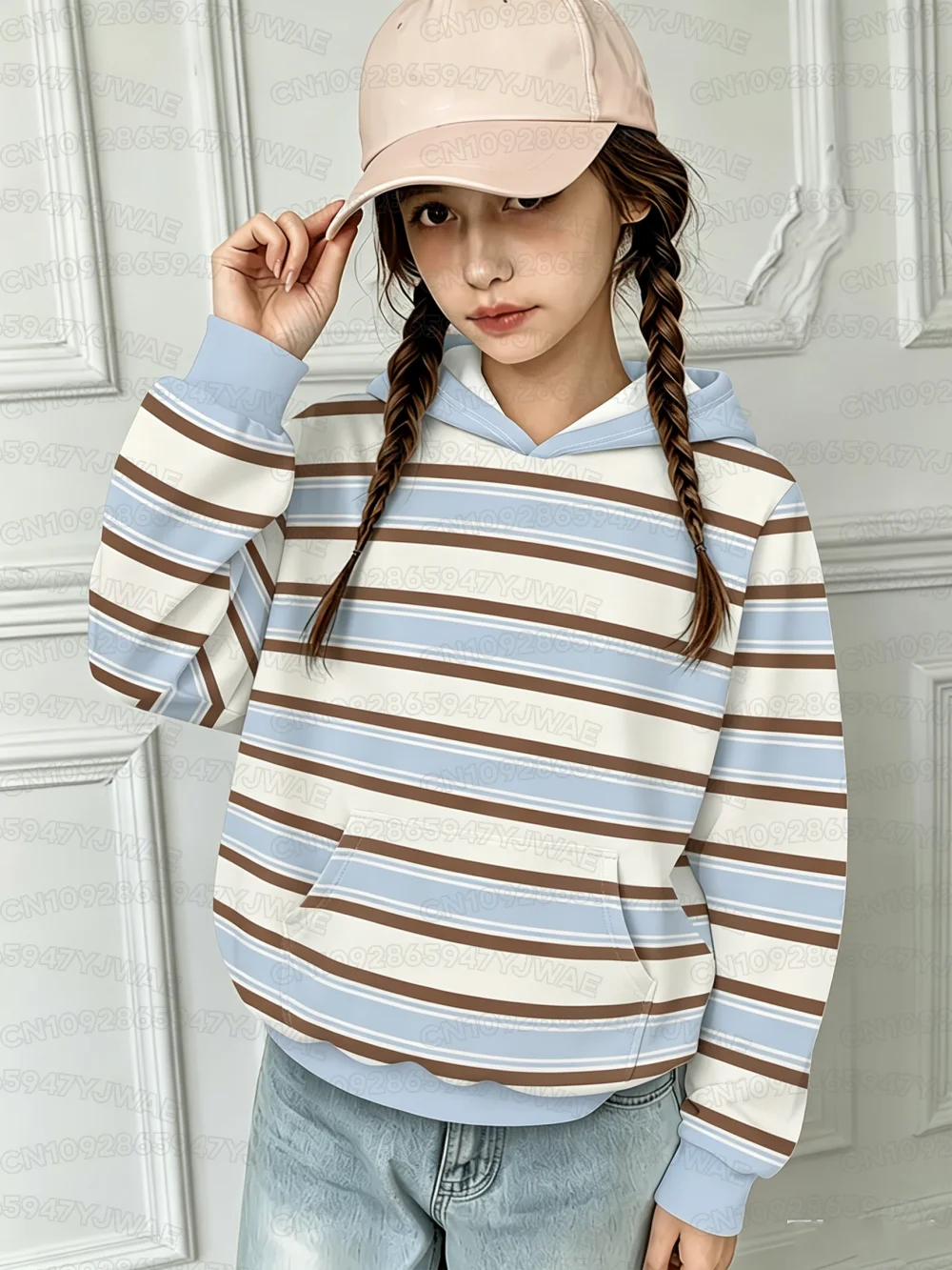 Girls' Autumn Hooded Sweatshirt Retro Brown Blue Color-Block Stripes Casual Top  Outdoor Campus Daily Activities Hooides