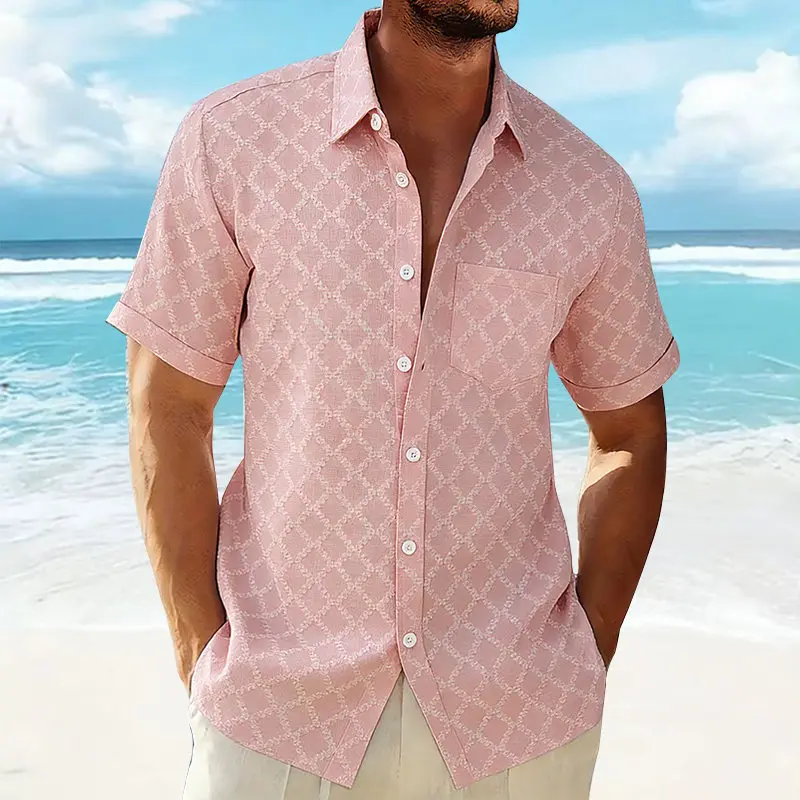 

New Men's Summer Diamond Short Sleeve Hawaiian Shirt Casual Solid Beach Holiday Fashion Stylish Office Work Business