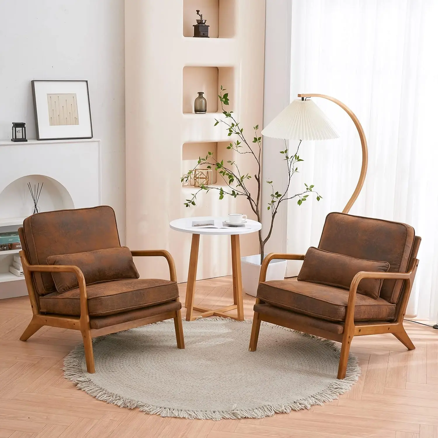 Cozy Living Room Chairs, Microfiber Rustic Accent Chairs Set of 2, Wood Lounge Chairs for Bedroom, Comfy Mid, Customized