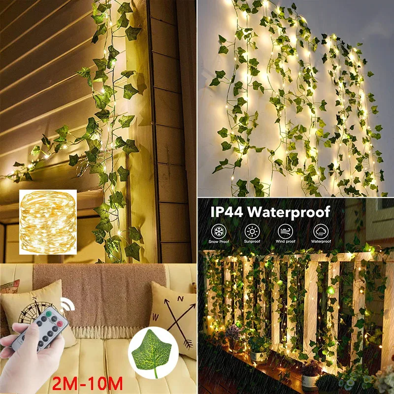 Flower Green Leaf String Light Artificial Vine Fairy Lights Battery/USB Power Christmas Garland for Weeding Home Ramadan Decor