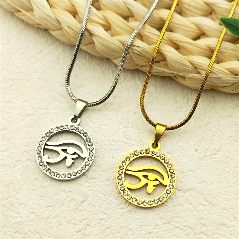 Egyptian Eye of Ra Necklace for Women Men Stainless Steel Gold Color Rhinestone Mythology Horus Vintage Amulet Chain Jewelry