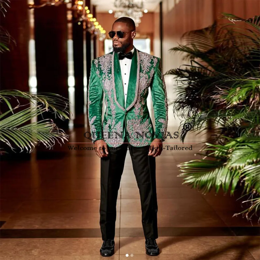 Luxury Sliver Beaded Suits Men Italian Design Single Breasted Blazer Customized 2-Piece Man Formal Occasion Groom Wedding Tuxedo