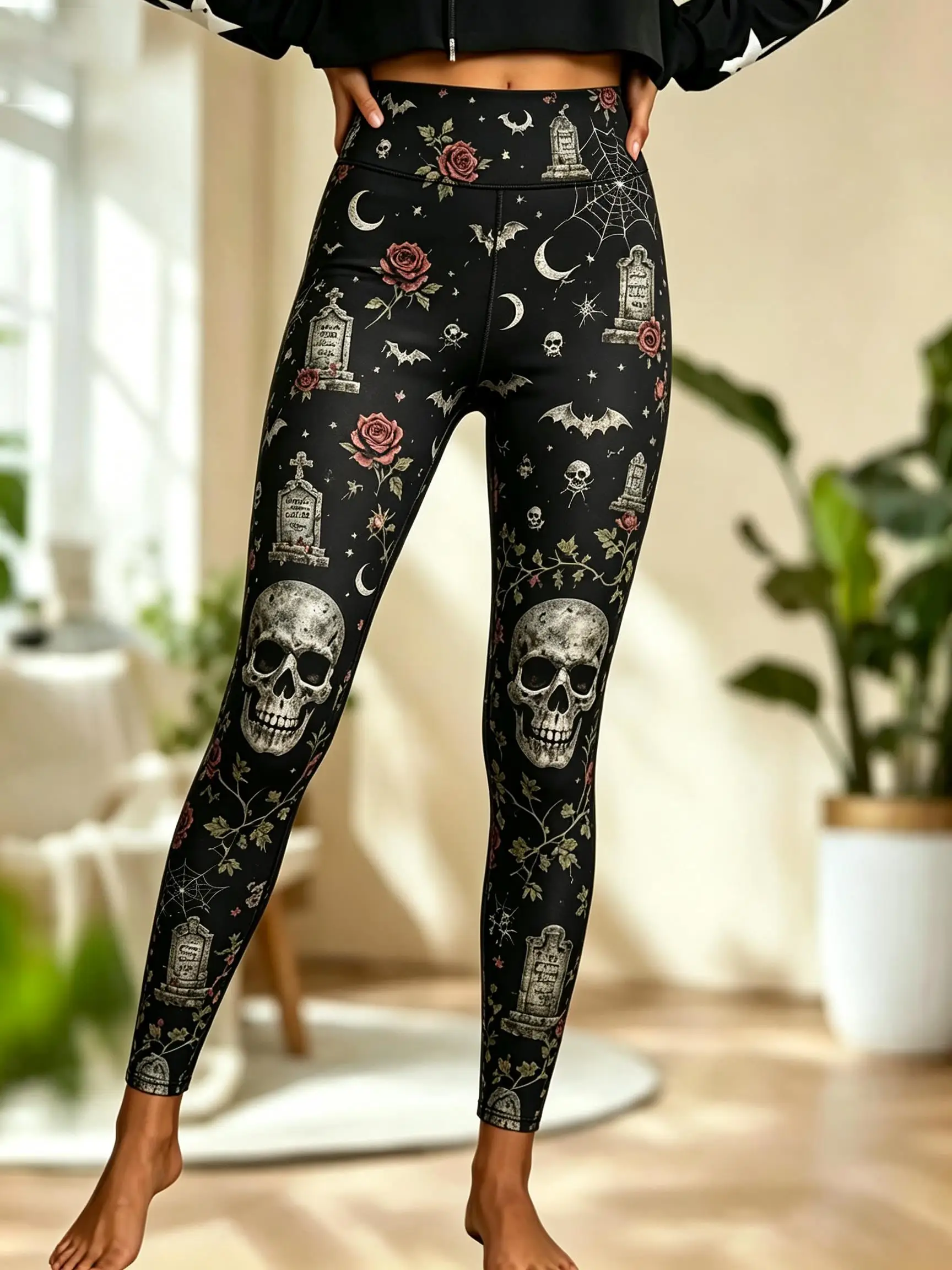 Women's Fleece Skinny Pants Black Halloween Pumpkin Print Mid Waist Leggings - view 4