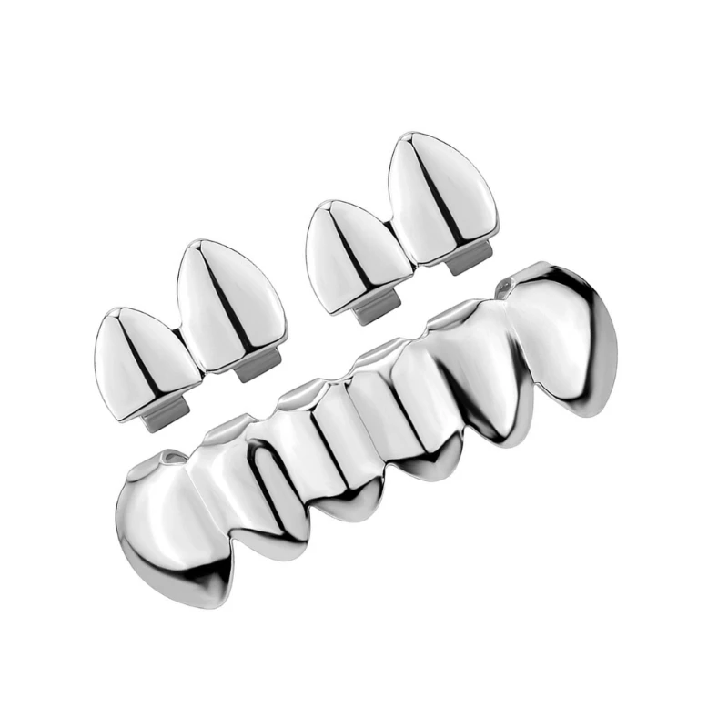 Cool Hip Hop Inspired Teeth Grillzs Set Alloy Teeth Caps Set Glossy HipHop Fashion Upper Lower Grillzs Adjustable Size