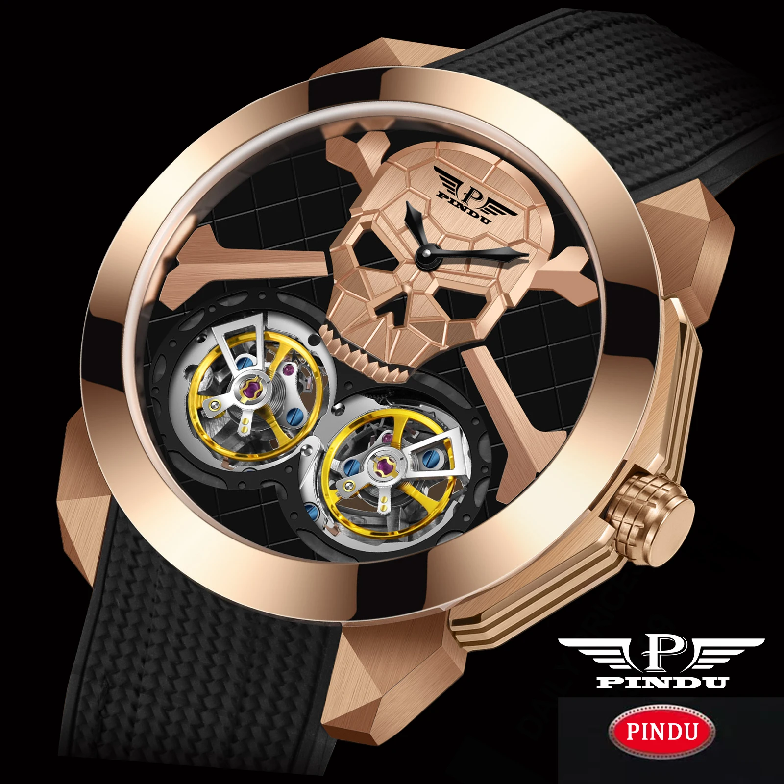 

PINDU 2026 New Double Flying Wheel Mechanical Watch Men Ghost Head Dial JHLS33-1 Movement Waterproof Automatic Mechanical Watch