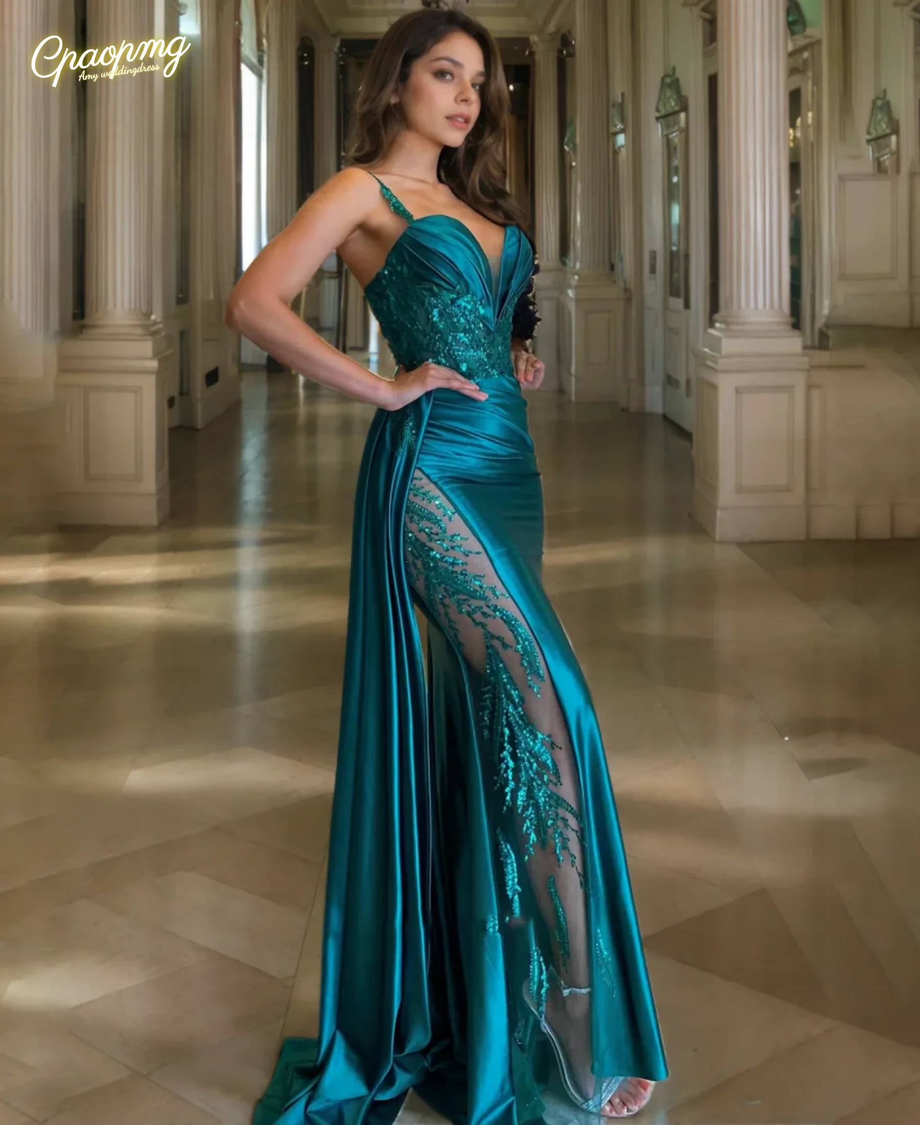 

Индивидуальное зелёное сексуальное выпускное платье с V-образным вырезом, на тонких бретельках, с пайетками, атласное, с разрезом по боку, фасон «русалка», вечернее платье