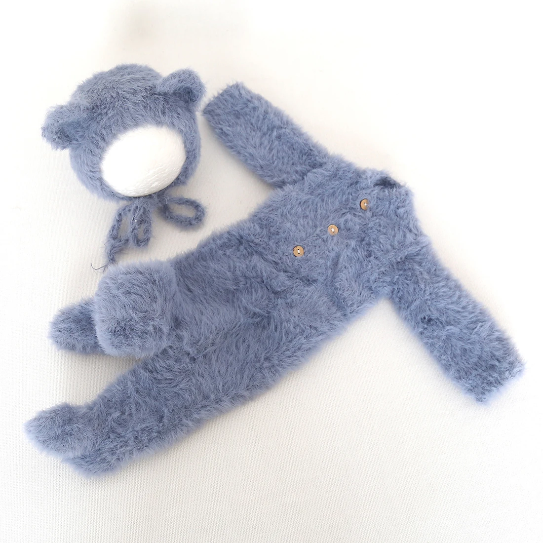 

Newborn Baby Angora Bear Hat And Hooded Romper Full Set Fluffy Footed Bear Outfit Knit Romper Photo Props