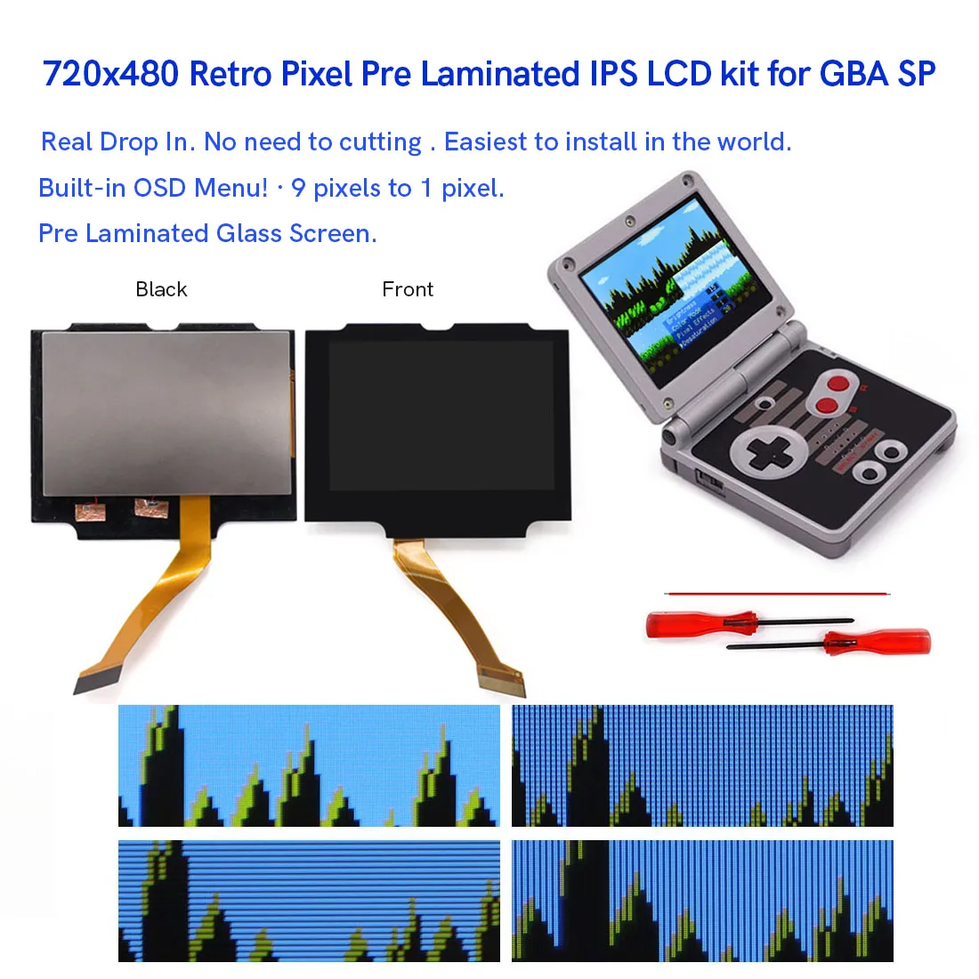 HD 3.0 inch For GBA SP V5  Laminated Backlight LCD IPS LCD screen display for Gameboy Advance Sp  Desaturation OSD Menu 720x480