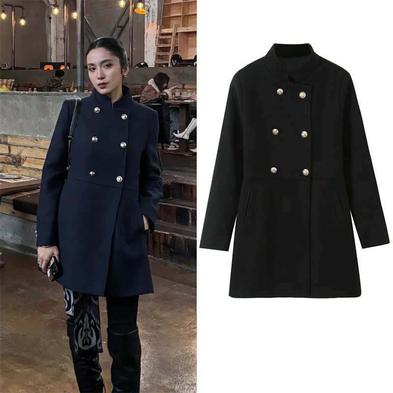 

Women's Coat 2025 Autumn and Winter New Style Black Long-Sleeve Button-Decorated Simple Coat Casual Fashion Versatile
