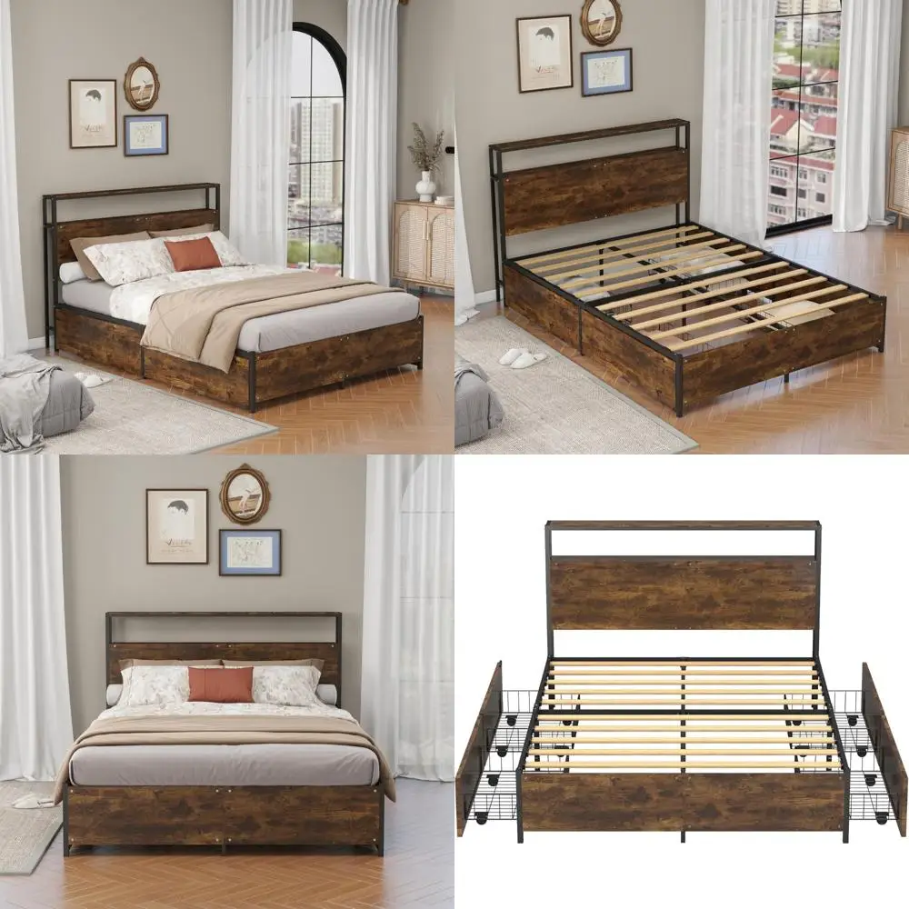 14 Inch Queen Size Metal Platform Bed Frame with Wooden Headboard, Footboard, and 4 Storage Shelves