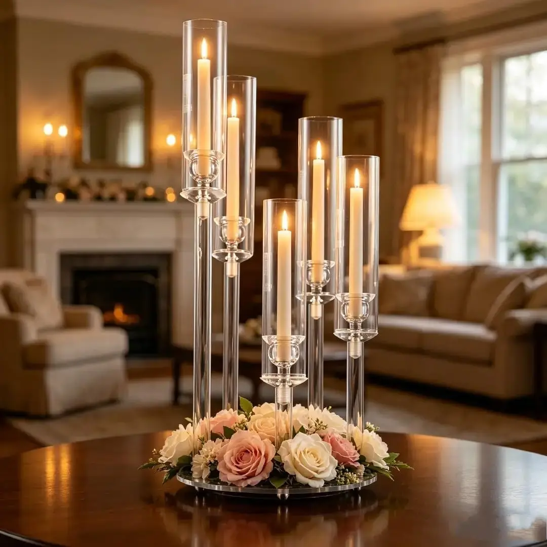 5 Arm Clear Acrylic Candelabra Centerpiece for Wedding Table Party Birthday Baby Shower Halloween Christmas Decor Fit 0.8 LED Candle