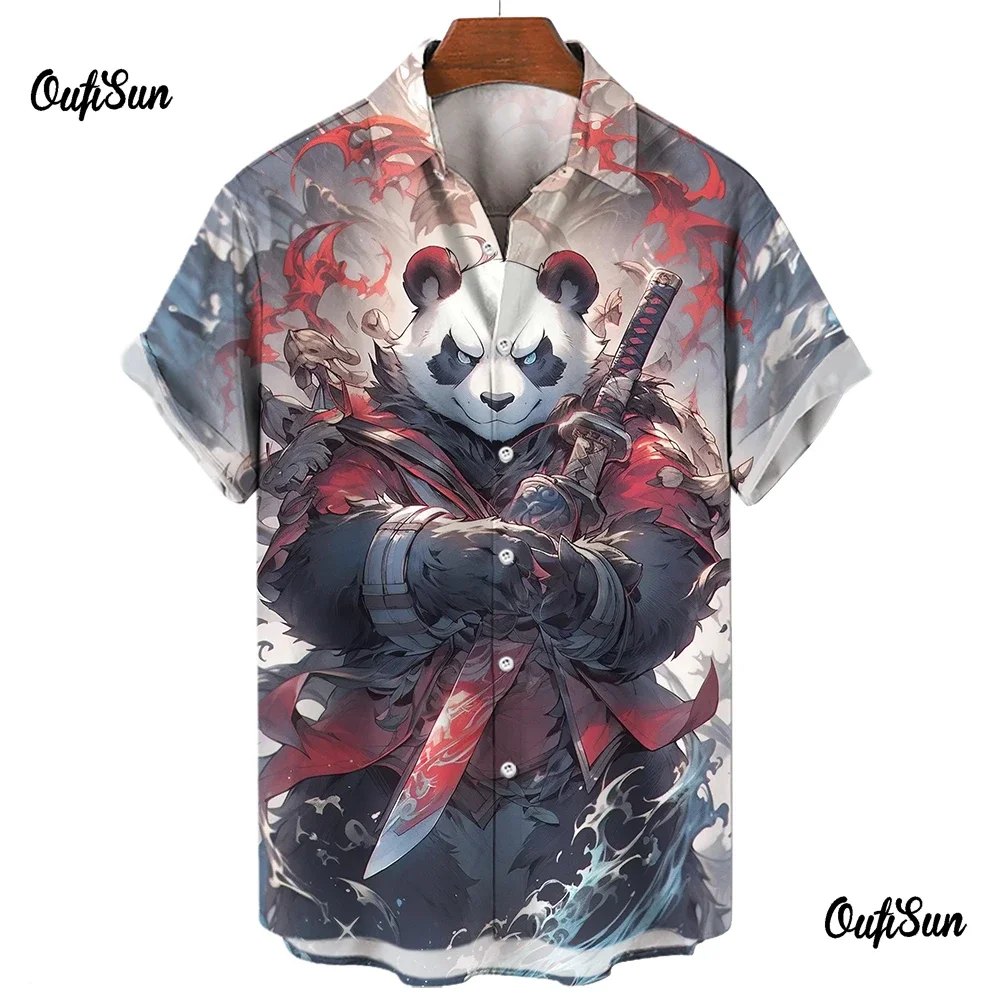 Panda 3D masculino camisa de manga curta, tops casuais com botões, estampa engraçada, lapela havaiana, novo, 2024