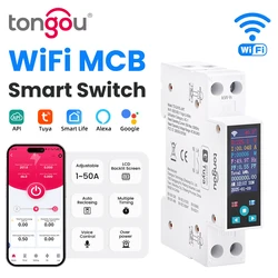 1P 50A Tuya WIFI Smart Switch Circuit Breaker LED Energy Meter KWh Power Metering Timer Relay Remote Control Smart Life APP