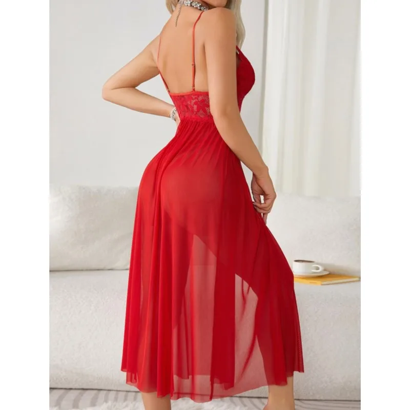 여성 v 넥 레이스 섹시한 잠옷 잠옷 메쉬 속이 빈 긴 슬릿 서스펜더 드레스 여성 홈웨어 나이트 의류