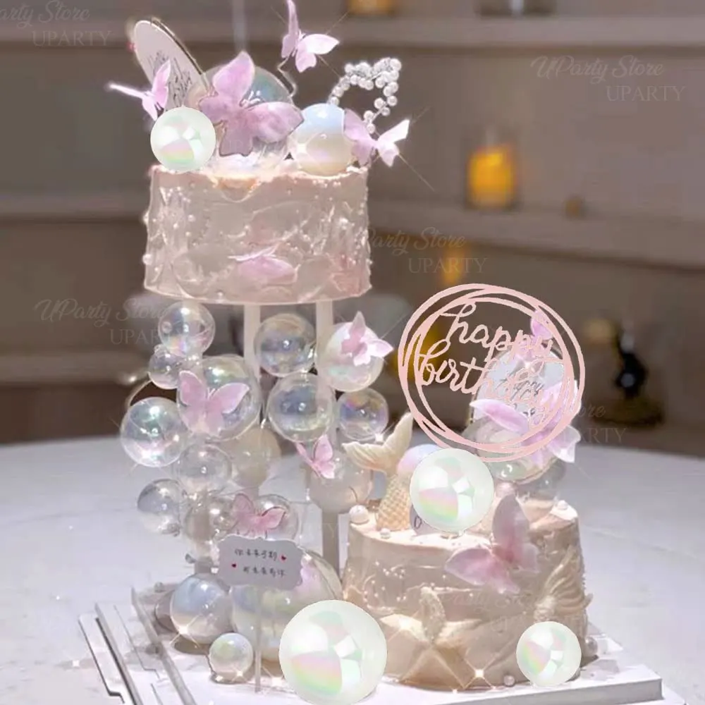 10/50 Stück schillernde Kugeln Kuchendeckel 3/4/5 cm Laserrosa transparente perlweiße Kuchenbälle für Geburtstag Meerjungfrau Kuchendekoration – Detail 8