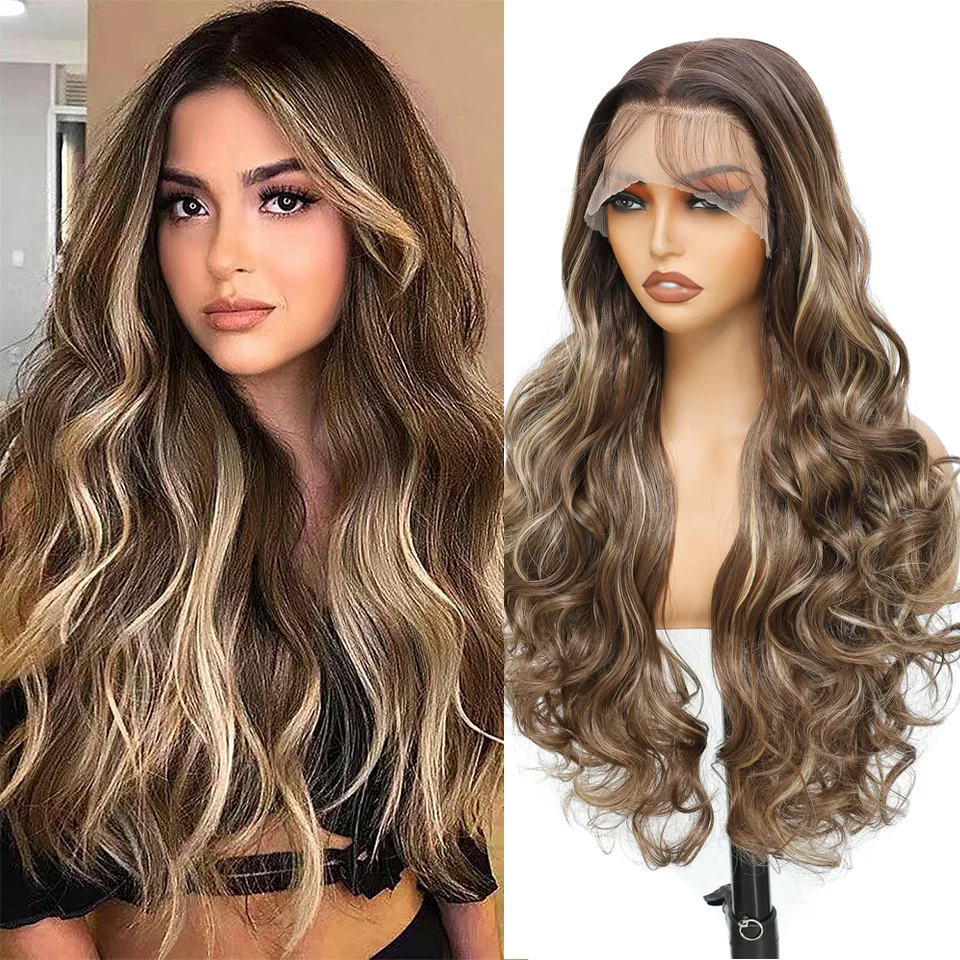 

30 Inches 13x4 Transparent Lace Front Wigs 180% Density Body Wave Highlight Color Cosplay Wigs High Ombre Synthetic Hair Wigs