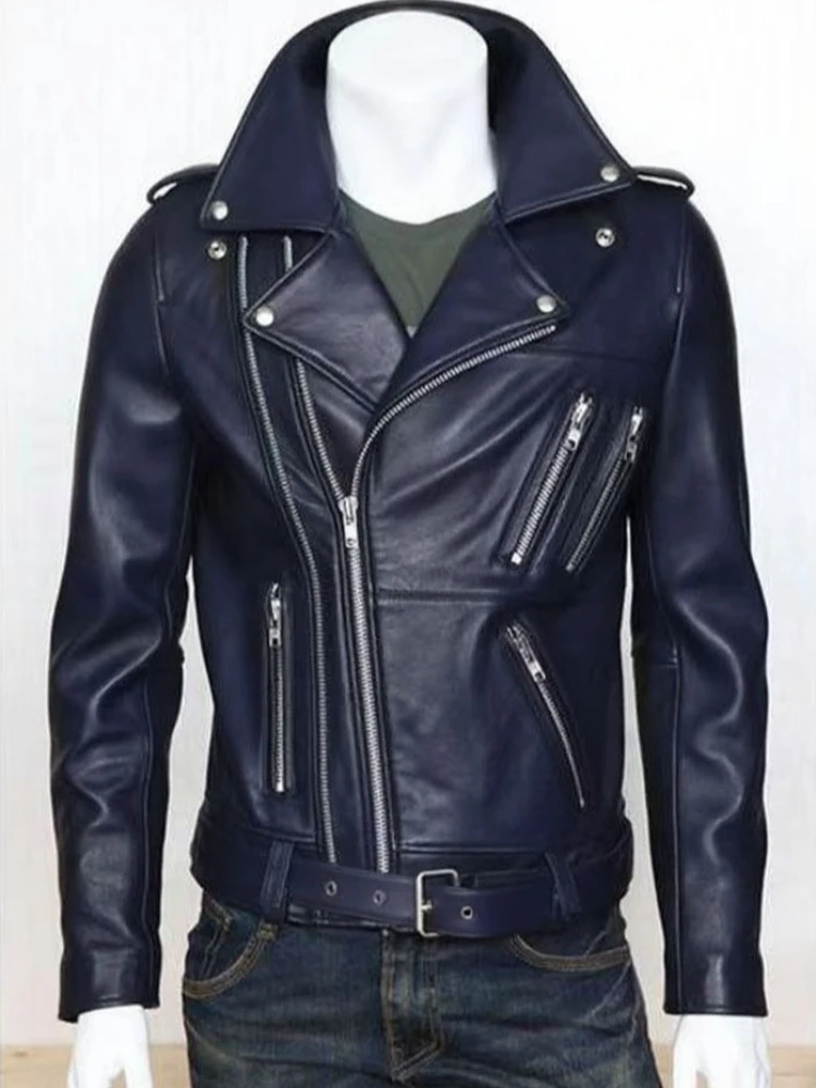 Stylish Men's Western Style PU Leather Biker Coat Zip Up Front Snap Button Details