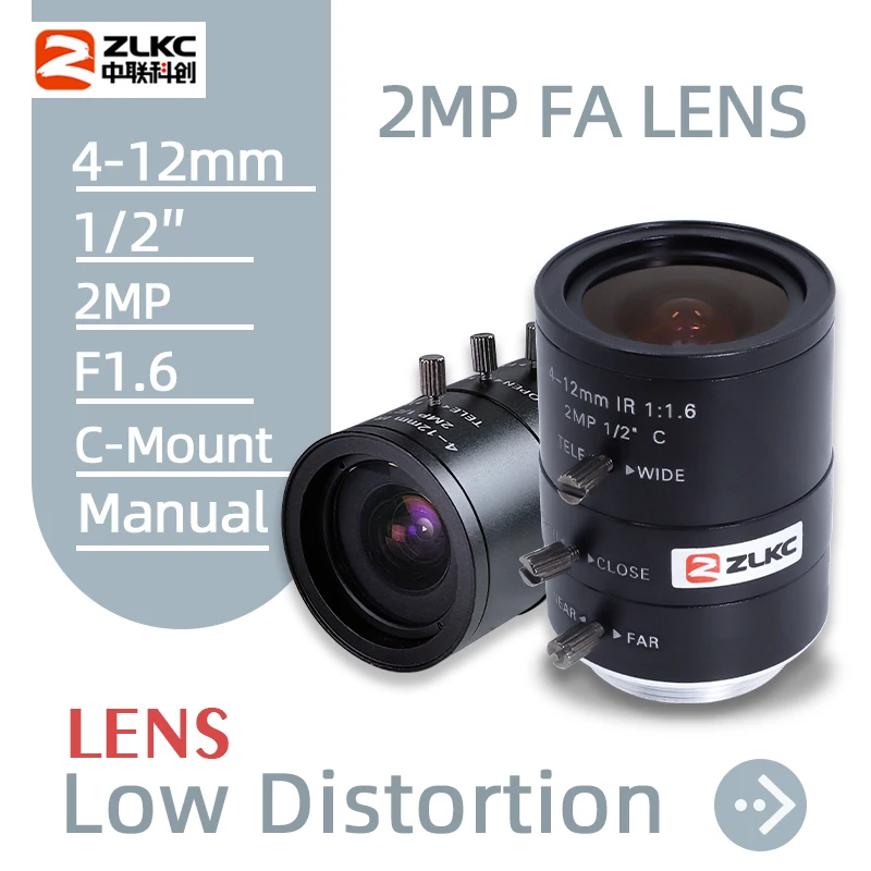 Obiektyw ZLKC 1/2 cala z mocowaniem C, 2.0 megapiksele, 4-12mm Zoom, Manualna Przysłona, Obiektywy FA / do Wizji Maszynowej, Wariofokalny Obiektyw Optyczny HD CCTV do Kamer, 2MP
