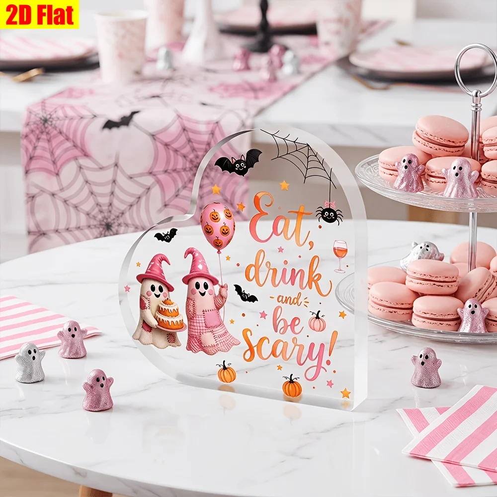 Eat Drink And Be Scary Heart‑Shaped Acrylic Tabletop Plaque, Patchwork Ghost Cake Balloon Halloween Desk Decor