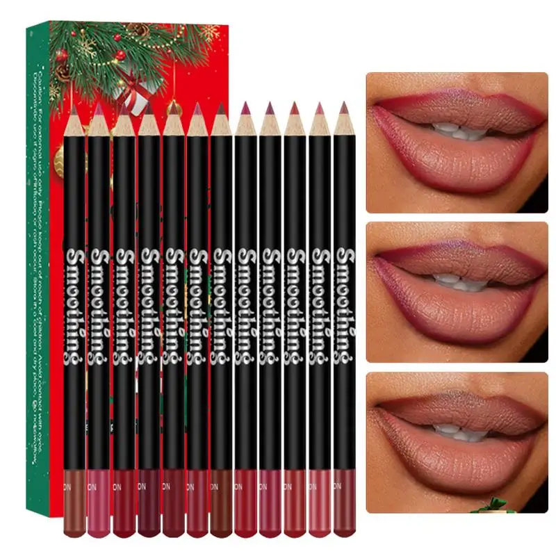 คริสต์มาส Lip Liner Set Matte Lip Liner Lipliners ดินสอ 12 สีแต่งหน้าดินสอยาวนาน Lip Pencil Liner กันน้ํา