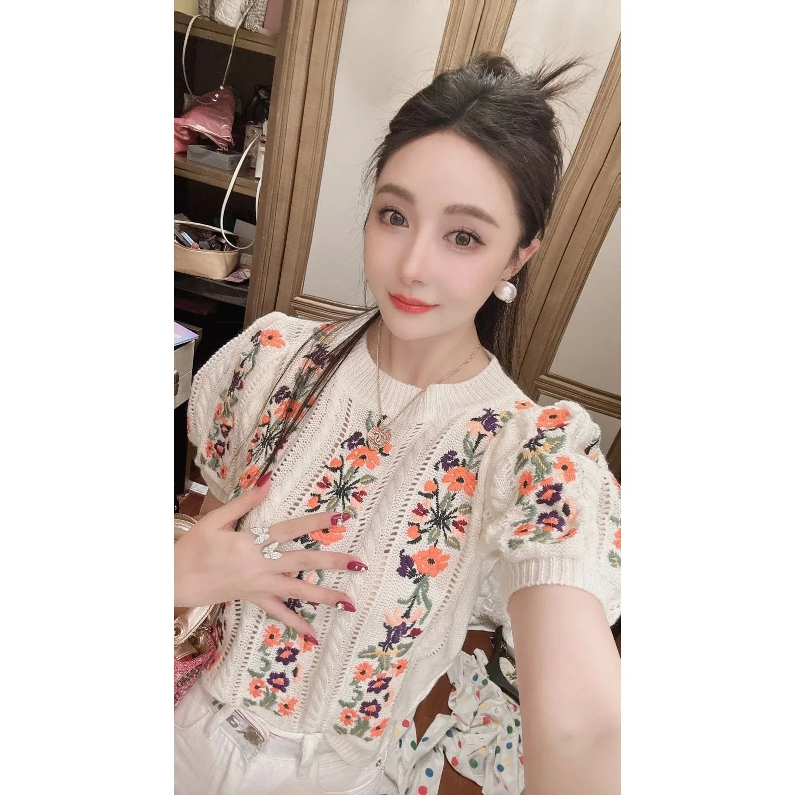 Vintage Ele bordado suéter de punto camiseta mujer sum otoño 2025 otro Material 00% señoras Faionable prendas de punto