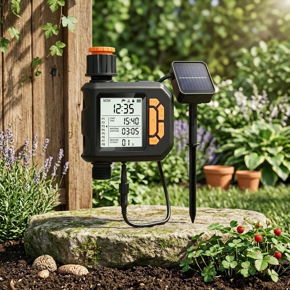 Rain-Sensing Solar Powered Drip Irrigation Timer with 8 Independent Multi-Mode Timers for Garden Watering Automation