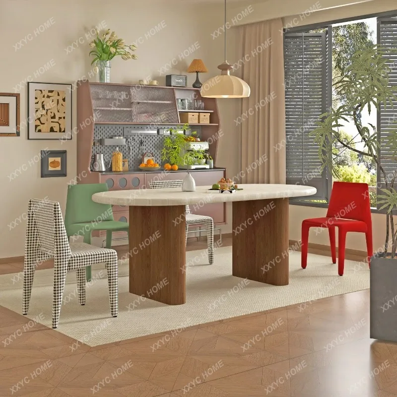 XX medieval solid wood dining table travertine marble light luxury high-end household small apartment round  table