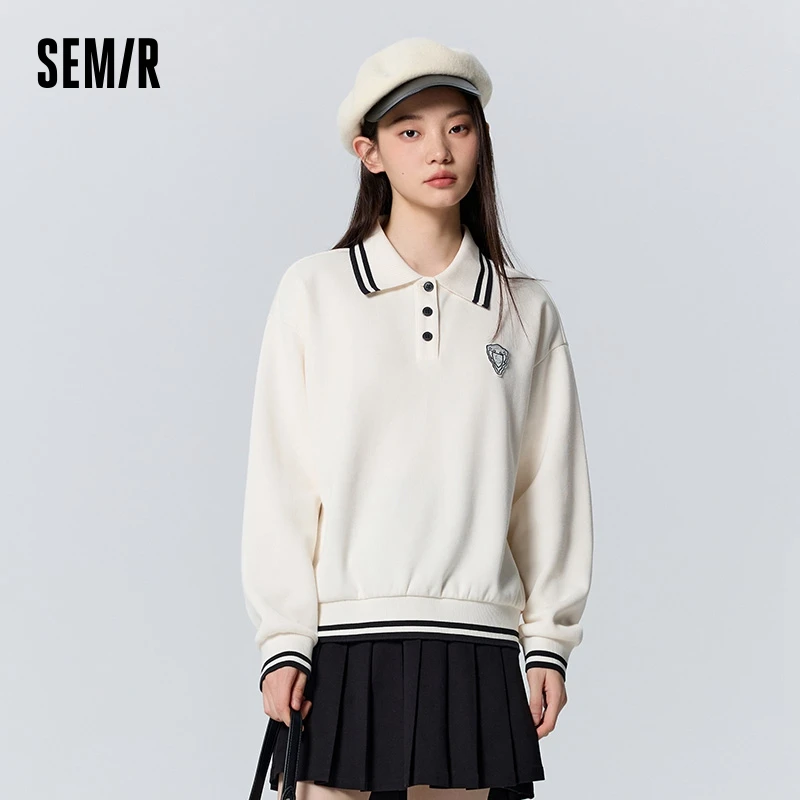 Semir Sweatshirt Women Polo Collar College Style Loose Undershirt Winter Embroidered Contrasting Color Gentle Fashion Fleece Top