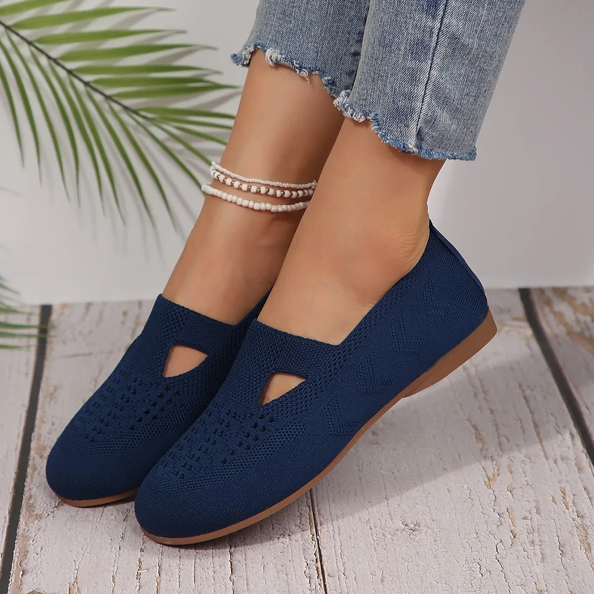 Loafers Autumn Casual Shoes Women Flat Heel Square Toe Hollow-out Sneakers Barefoot Shoes Moccasin Female Knitted Flats