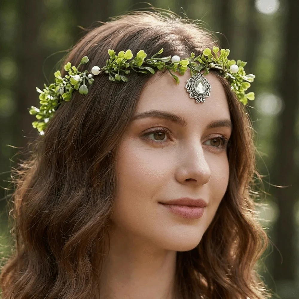 Leaf Wreath Elf Headband Rhinestone Decor Simulate Tree Leaves Floral Headband Retro Lightweight Forest Garland Tiara Halloween