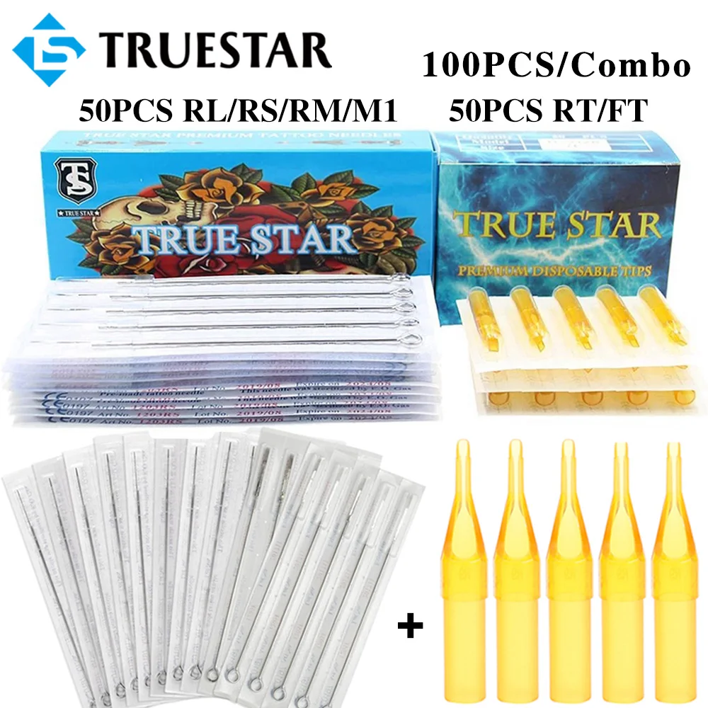 100Pcs/Set Tattoo Needles and Tips Kit 50pcs Disposable Tattoo Needles & 50pcs Yellow Tattoo Tips Tubes for Tattoo Machine Grip