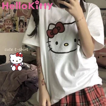 חולצת Hello Kitty מבד כותנה עם שרוול קצר, אלמנט קשת, גודל גדול, דפוס כותנה מרווח, חולצת נשימה קרטון אנימה ילדה לב