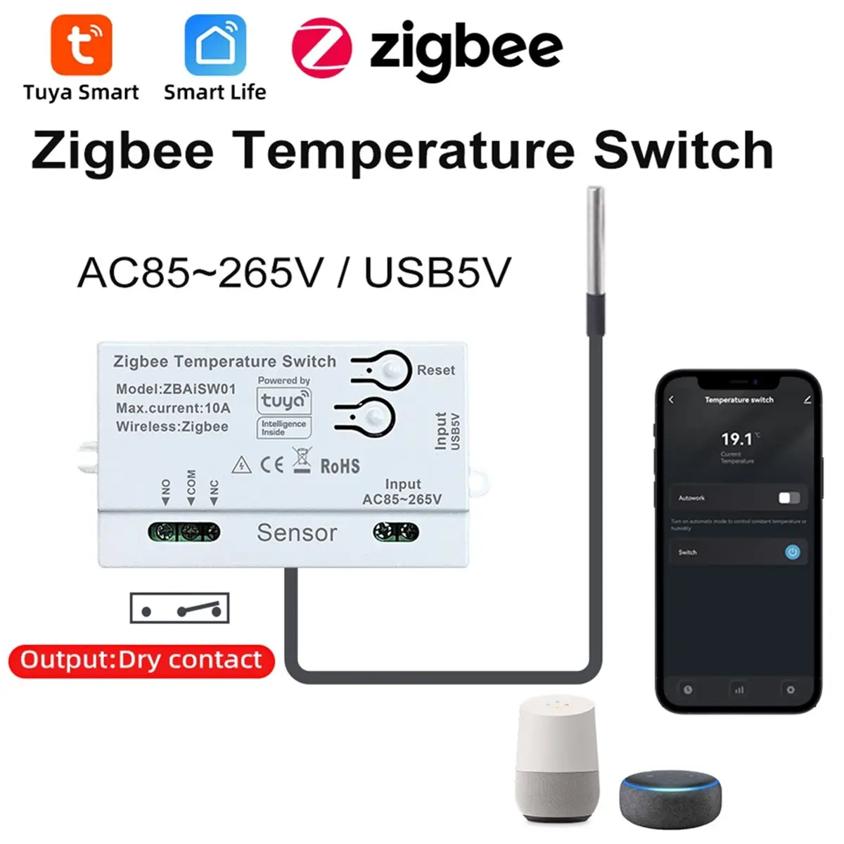 FLASH SALE-Tuya Zigbee Temperature Switch Sensor AC85-265V/USB5V APP Remote Control Smart Timing Smart Switch 2M