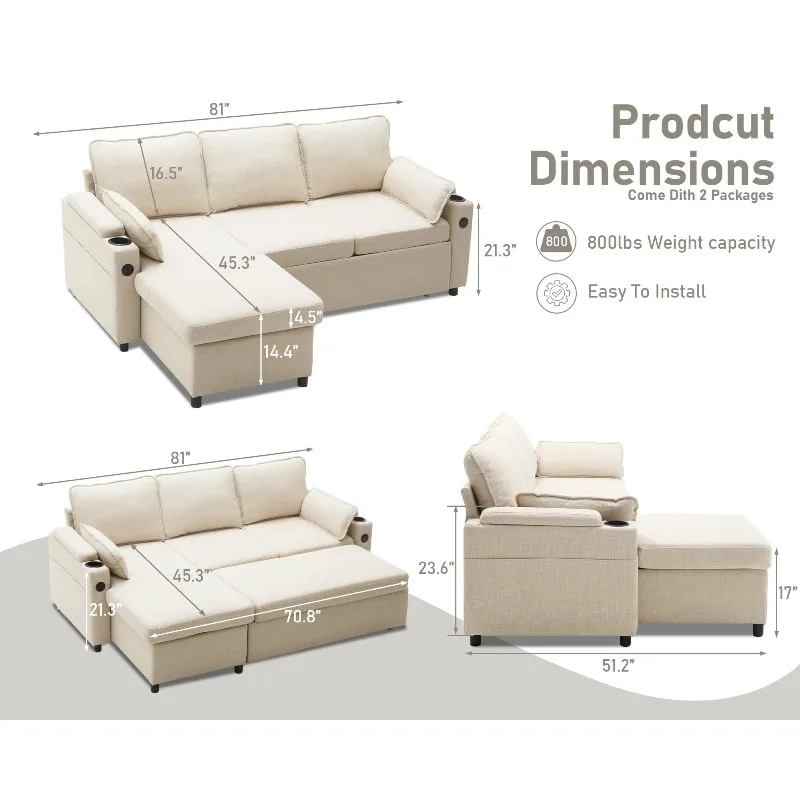 Sofa Bed Pull Out 2 in 1 Sectional Sleeper Sofa L Shaped Couch with Storage