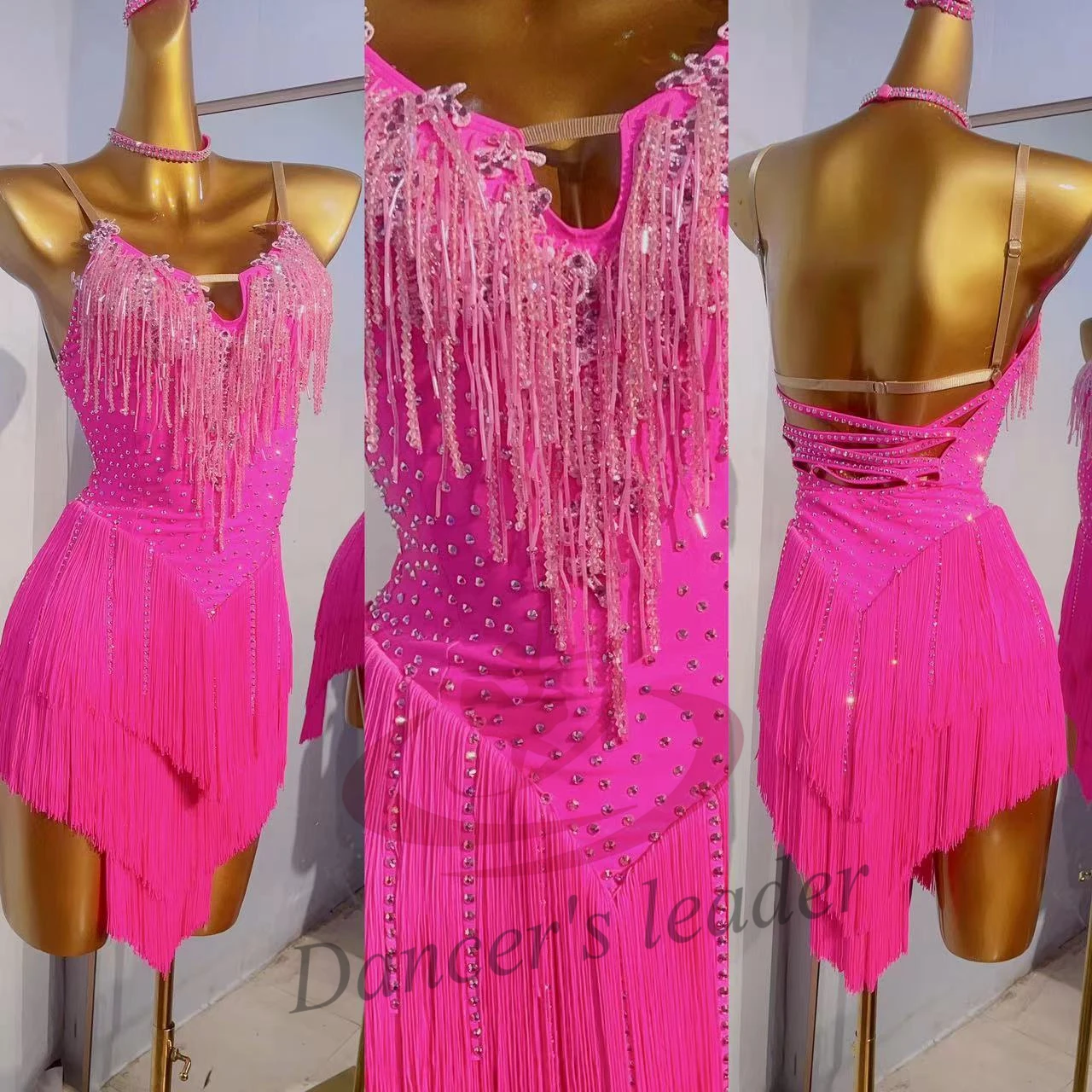 Latin Dance Competition Women\'s Clothing Children High-end Custom Pink Tassel Diamond Blackpool dress Tango Performance Costume