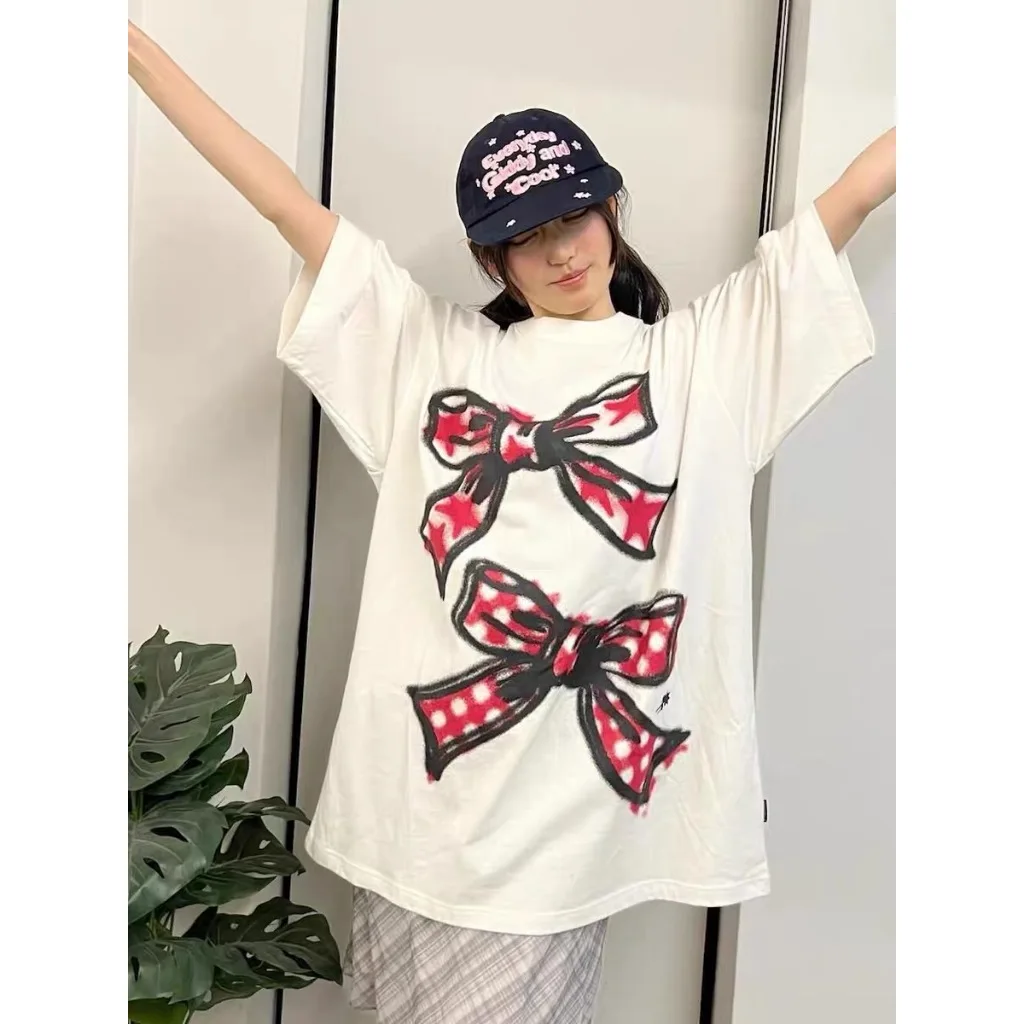 Moda arco padrão impressão 100% algodão branco camiseta y2k mulher novo verão solto conforto casual manga curta camiseta roupas femininas