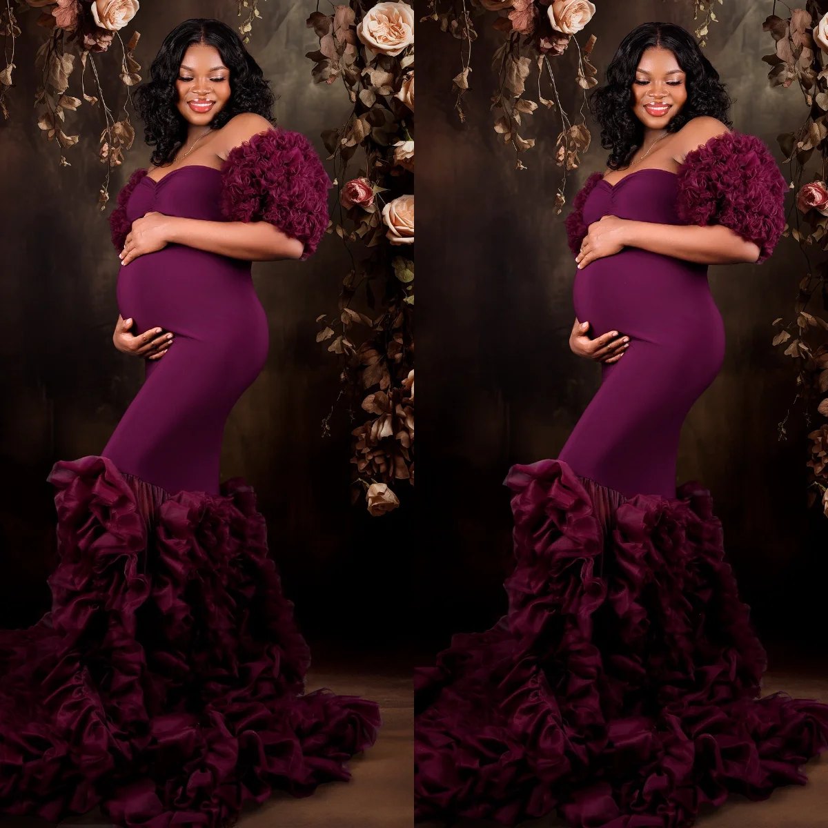 

Purple Mermaid Maternity Dresses for Photoshoot Off the Shoulder Pregnant Women Robes Customized Long Photoshoot Gowns