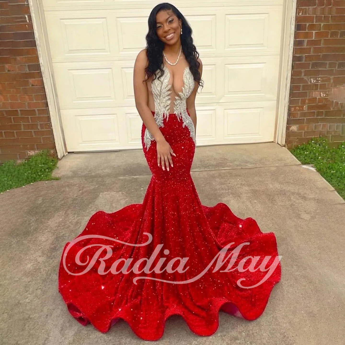 Radia May Customized Red Sequined Mermaid Prom Dresses Sparkling Beaded Sexy See Through Formal Party Gowns BP041