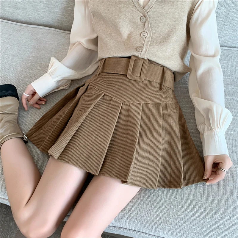 Autumn Winter Vintage Corduroy Pleated Women's A-line Skirts Sashes High Waist Office Sexy Mini Skater Skirt Female