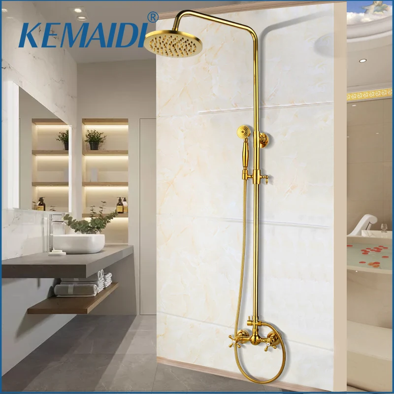 

KEMAIDI Bathroom Shower Faucet Golden Plated Shower Systerm Brass Rainfall Shower Head Wall Mounted Faucets Dual Handle Mixer