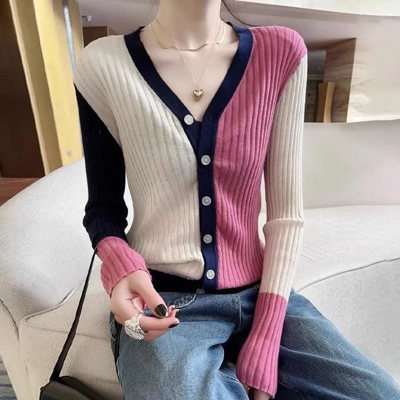 Autumn Winter Slim Casual Fashion Contrast Color Cardigan Sweaters Female All-match Knitting Jacket Ladies V-neck Coat Top Women