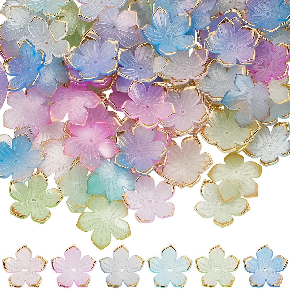 180Pcs Cherry Blossom Flower Acrylic Bead Caps Gradient Colorful 3D Flowers Floral Plastic Spacer Charms Loose Bead for Jewelry
