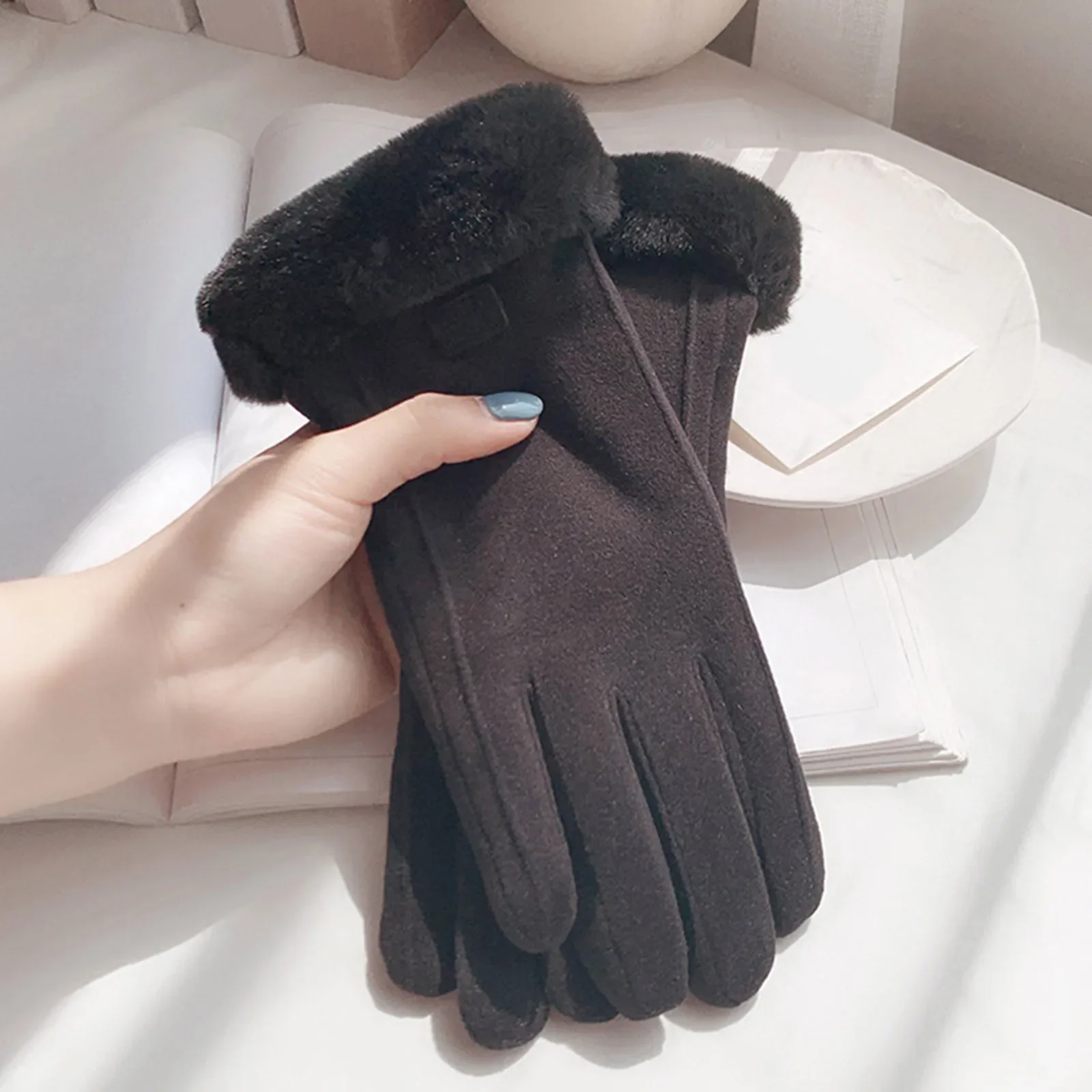 Winter Female Cashmere Warm Suede Leather Cycling Mittens Double Thick Velvet Plush Wrist Women Touch Screen Driving Gloves