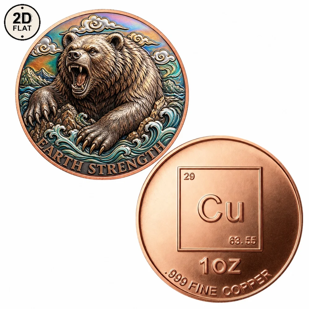 1pc Wild Animal Art Challenge Coin Roaring Grizzly Bear Earth Strength .999 Fine Copper Collectible Medal Keepsake Decor Gifts