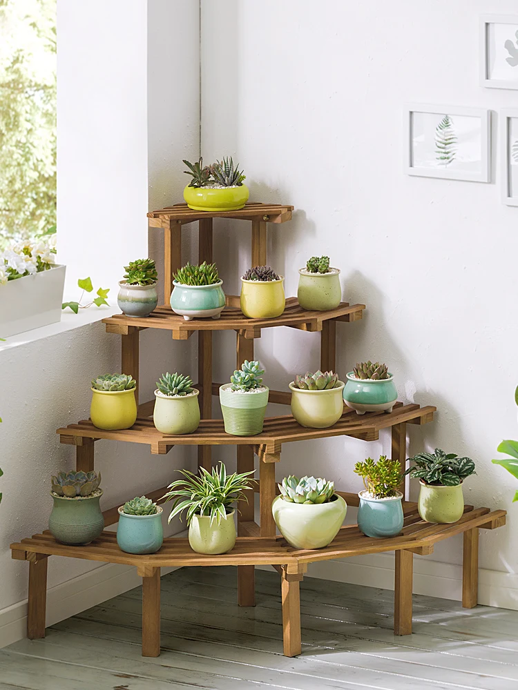 

Solid wood flower rack, storage rack, balcony, living room, floor standing, succulent iron flower pot bracket