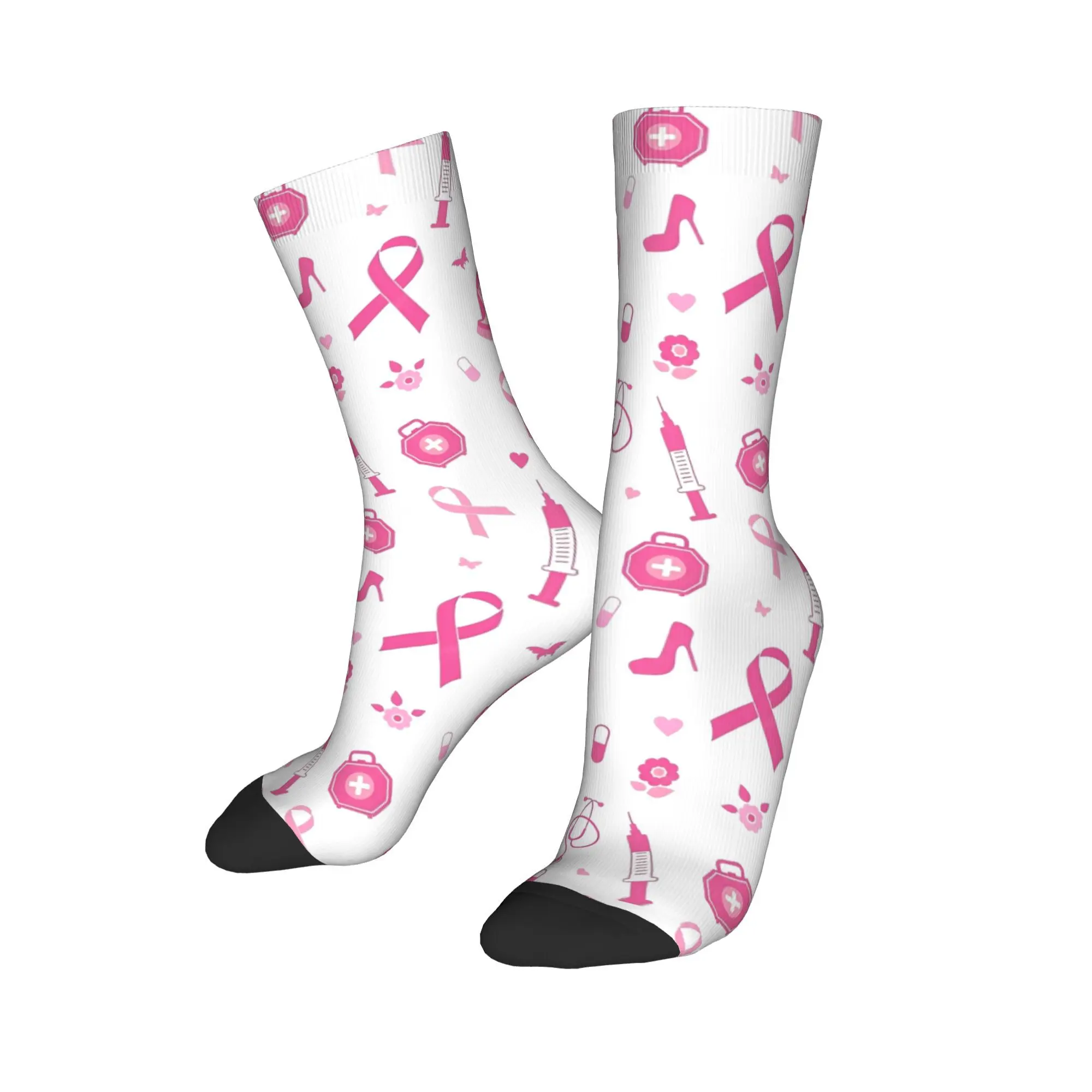 Hip-hop Breast Cancer Awareness Month Soccer Socks Ribbon Polyester Middle Tube Socks for Women Men Non-slip