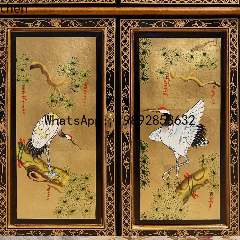O15- Piano Lacquer Solid Wood Entryway Cabinet Gold Leaf Songhe Yannian Ming Qing Classical Painted Furniture Decorative Cabinet