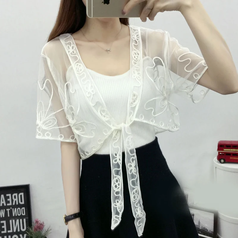 White Black Lace Bolero Shrugs For Women Short Sleeve Bolero Femme Wedding Bridal Summer Protection Jacket Cape For Dress