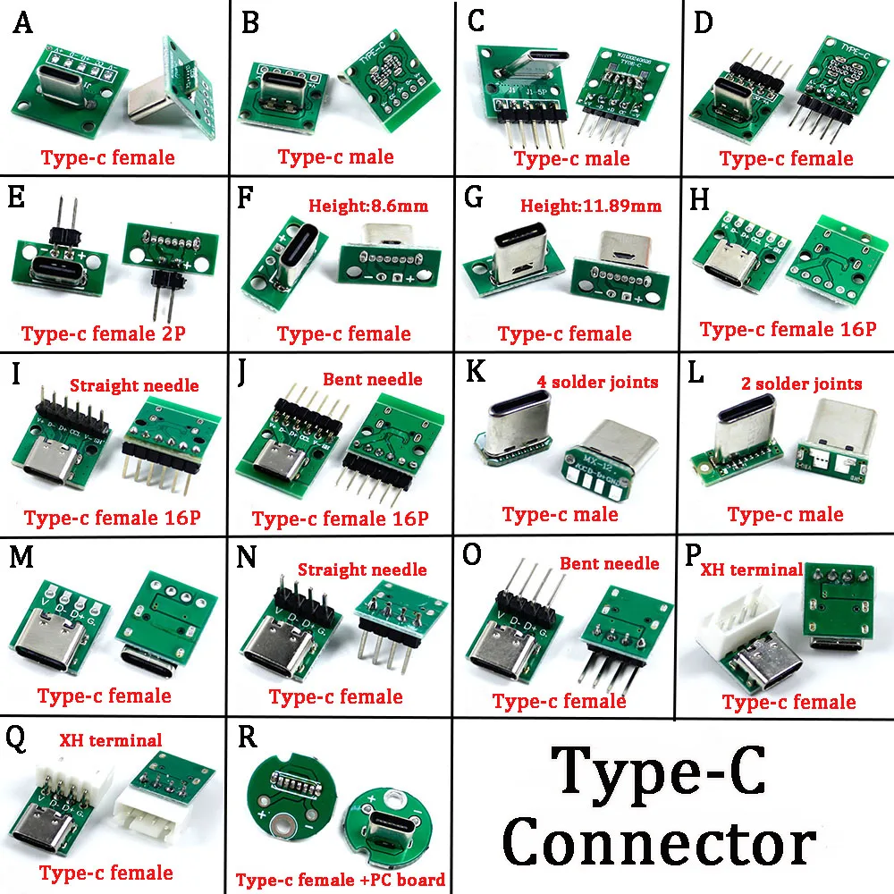 1pcs Type-C Connector Vertical Straight Plug Double Side Positive Negative Plug Male Female connector PCB Test Board with Pin